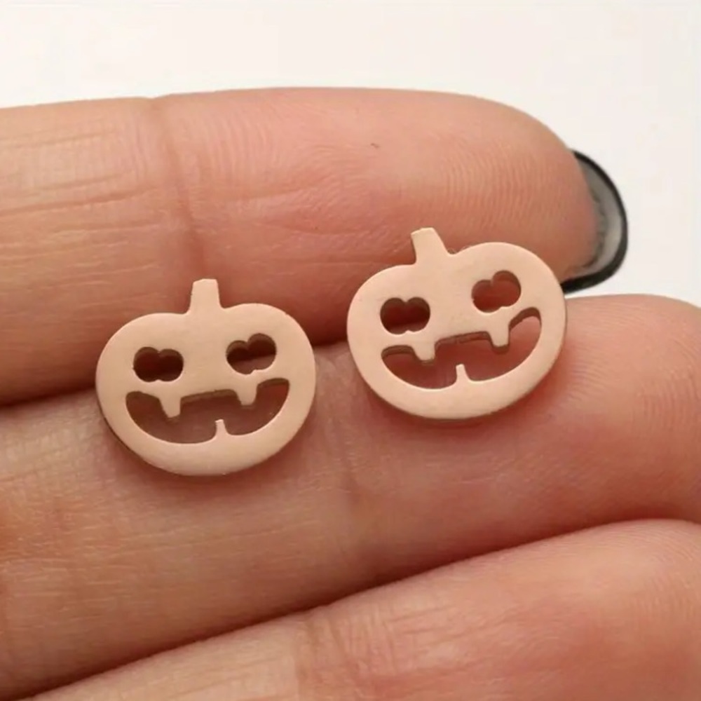 Jack O Lantern Pumpkin Spooky Halloween Rose Gold Toned Stud Earrings